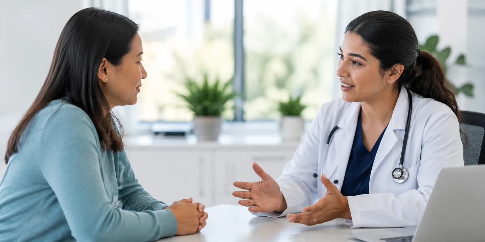 A doctor in a modern office discussing options with a patient