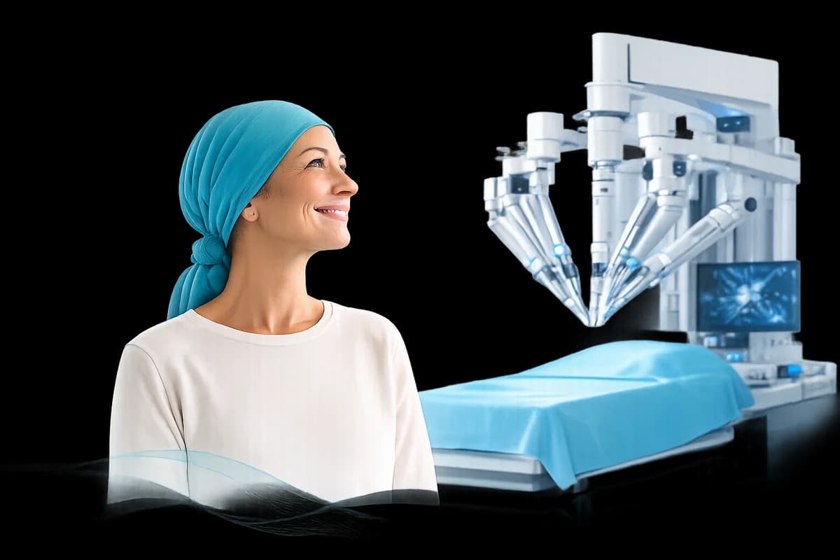A breast cancer patient smiling, with the da Vinci robotic system in the background